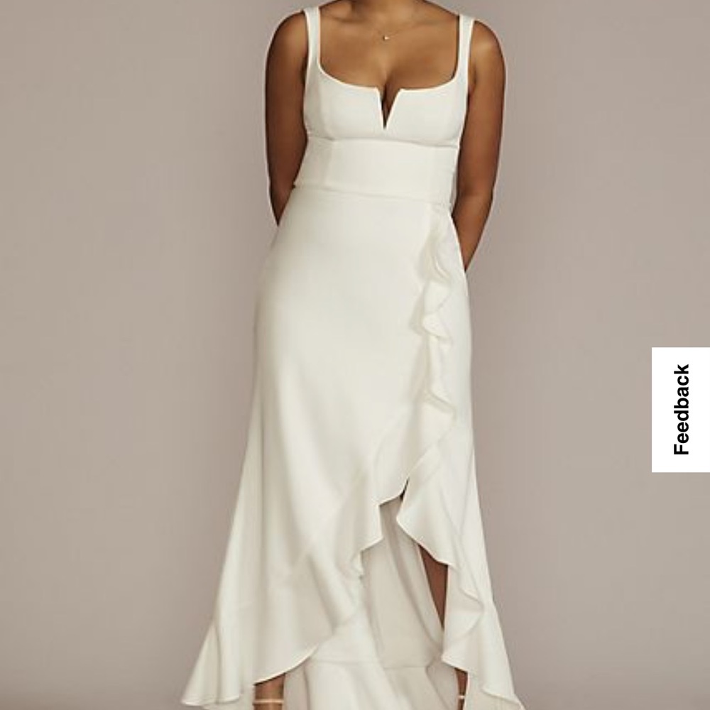 David's Bridal White Sleeveless V-Neck Ruffle Hem Wedding Dress